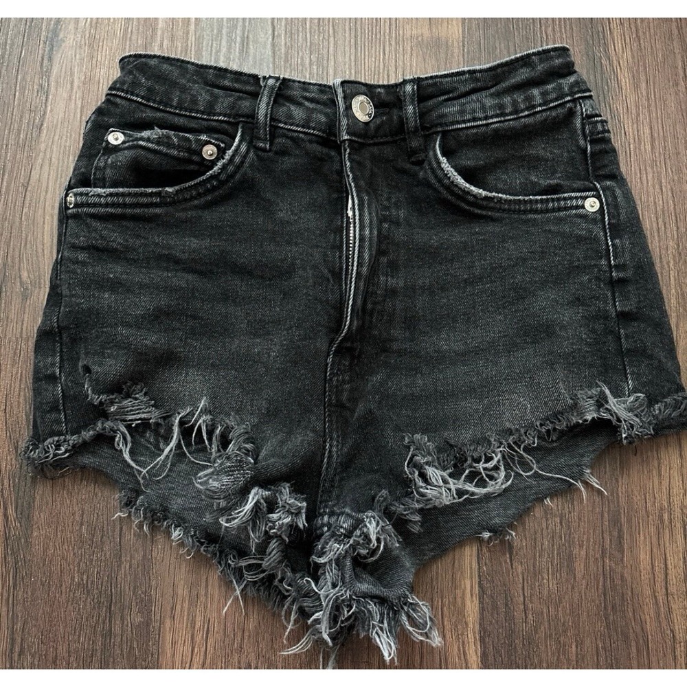 Zara Women‎ Short 2 Black Distressed High Rise Cut Off Regular Denim